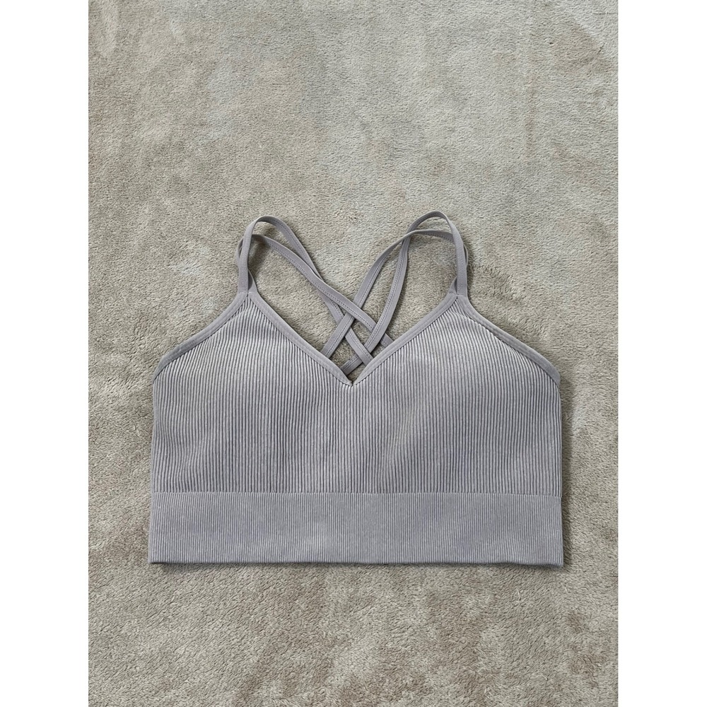Aerie Real Good Ribbed Longline Sports Bra XL Taupe Mauve Strappy Back V-Neck